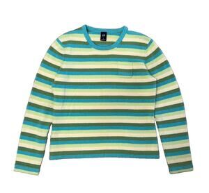 Gap Y2K Striped 100% Wool Blue Yellow Green Striped Sweater Women’s Size L